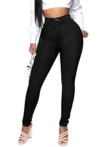KUNMI Womens Classic High Waisted Skinny Stretch Butt Lifting Jeans Slim Fit Denim Pants Black, Medium