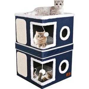 2-Story Cat House for Indoor Cats, Dual-Purpose Cat Cave Bed with Scratch Pad and Fluffy Ball, Foldable Cat Hideaway, Cute Cat Condo Furniture for Multi Small Pet Kitten, Blue (Double)
