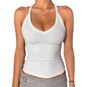 Danysu V Neck Racerback Tank Top for Women with Built in Bra Ribbed Long Tank Fitted Basic Cami Tops White, M