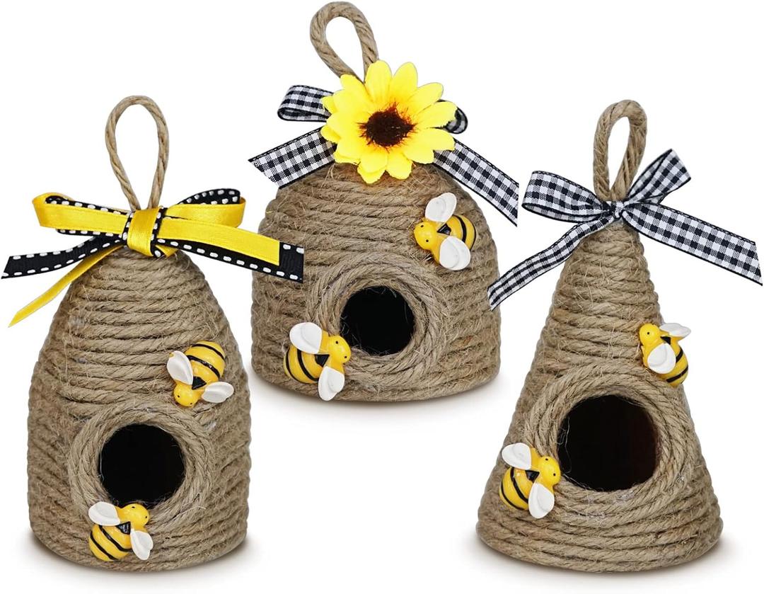 Rustic Bumble Bee Hive Decor - 3 Pack Natural Bee House, Spring/Summer Farmhouse Kitchen Table Tiered Tray Decor Rustic Bumble Bee Hive Decor - 3 Pack Natural Bee House, Spring/Summer Farmhouse Kitchen Table Tiered Tray Decor