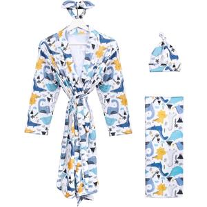Mommy and Me Robe and Swaddle Set Floral Maternity and Baby Matching Delivery Blanket Headband for Mom Girl Boy 4pcs (Large-X-Large, Blue Dinosaur 4pcs)
