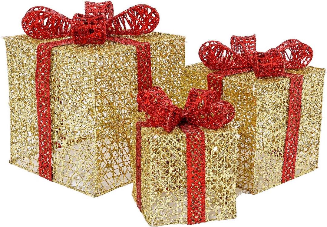 Sunnyglade 7.5-5.9-4.7 Set of 3 Christmas Lighted Gift Boxes with Bows Present Boxes for Christmas, Weddings Yard Home Holiday Art Decorations (Gold)