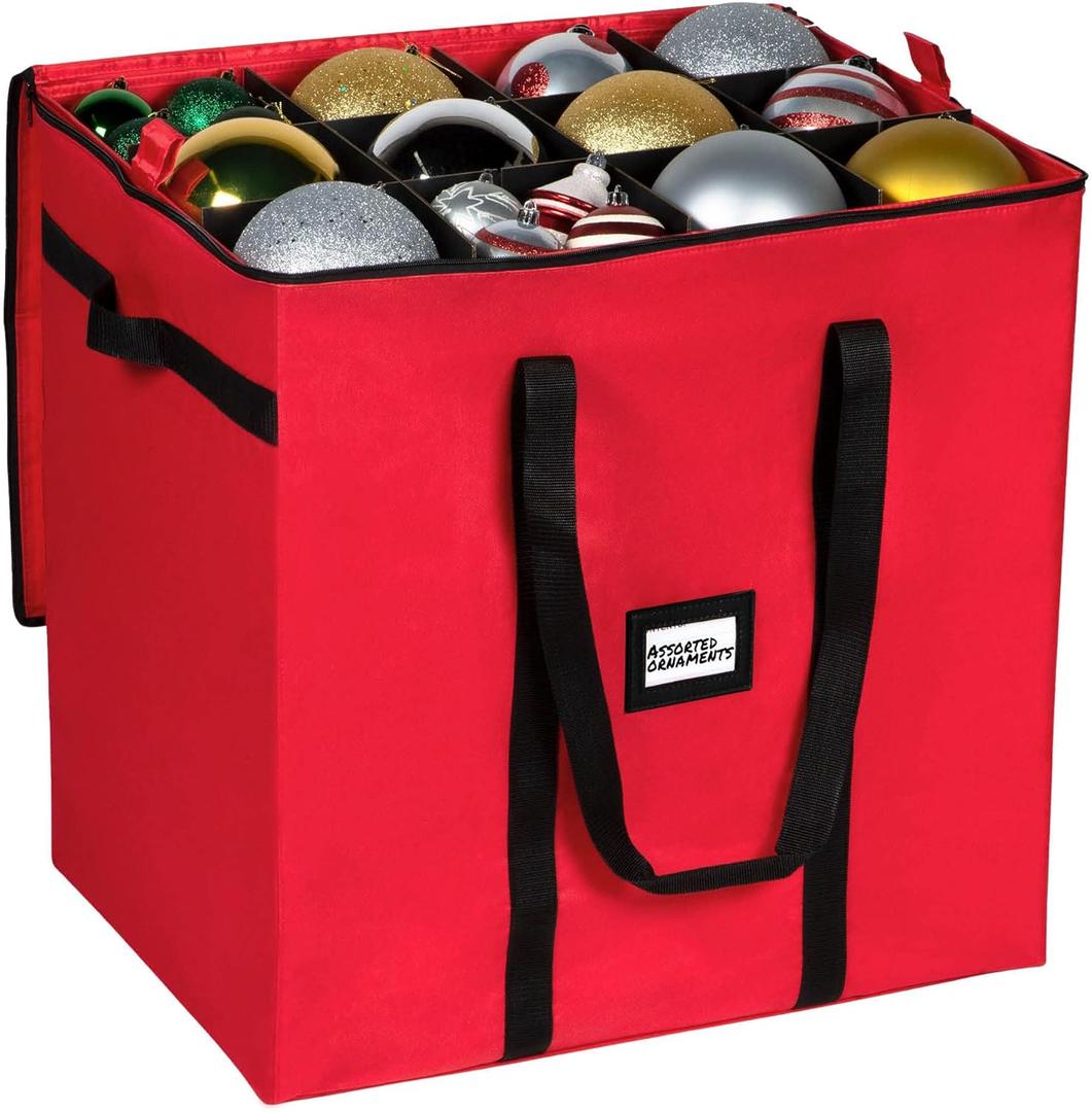 Christmas Extra Large Ornament Storage Container - Box Stores Up to 48  6 Ornaments  With 4 Individual Trays -Heavy Duty 600D Tear Resistant Material, Zippered, Adjustable Dividers.