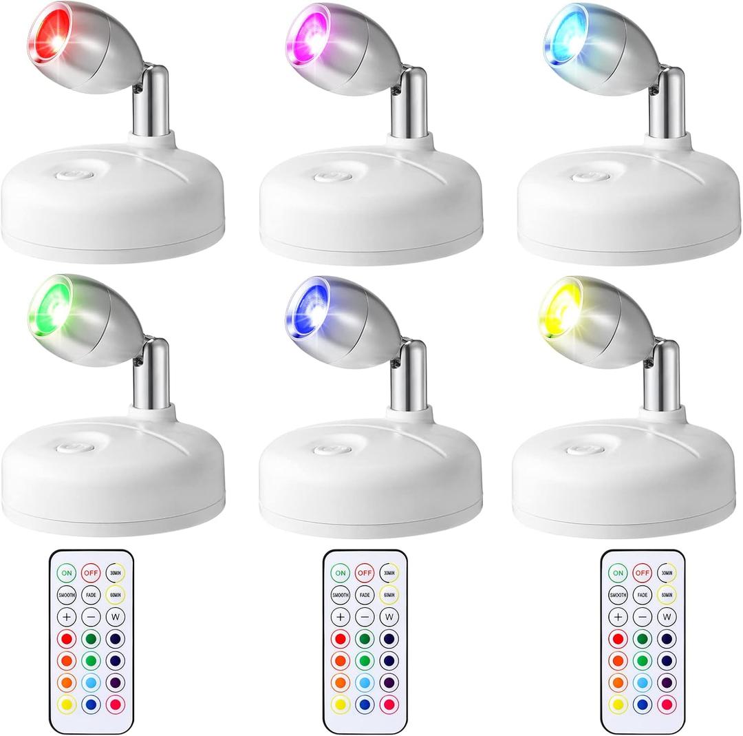 6 Pieces Battery Operated Spotlights Indoor LED Wireless Spotlight Indoor 13 Color up Lights with Rotatable Light Head Stick on Wall Hallway for Painting Picture Artwork Closet, (White)