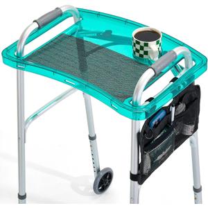 SoulThink Full Transparency Walker Tray - Essential Walker Accessories Compatible with Most Walkers for Seniors, Walker Tray for Folding Walker with Utility Bag, Non-Slip Mat & Cup Holder (Green)