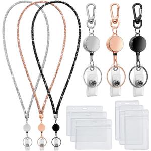 Lanyards for ID Badges 9 in 3 Set Bling Badge Lanyard with ID Badge Holder Retractable Crystal Teacher Lanyard Retractable Keychain Cruise Ship Lanyards for Women (Black, Champagne, Silver)