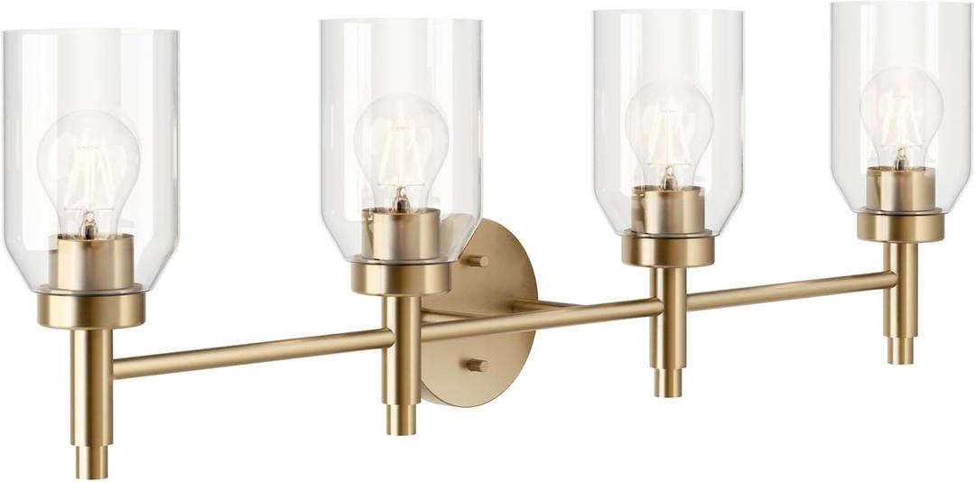 Kichler Madden 4-Light Bathroom Vanity Light Fixture with Clear Glass Shades in Champagne Bronze, Modern Wall Mount for Single or Double Vanity Over Mirror (10.5" x 34"), 55186CPZ