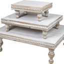 MAONAME Wood Display Risers Decorative Tray Set of 3, Farmhouse Pedestal Stand for Display Home Decor, Vintage White Beaded Wooden Tray for Kitchen Counter, Short and Tall Footed