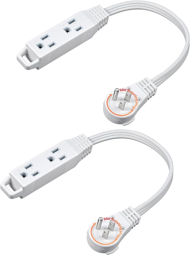 DEWENWILS 1FT 360 Rotating Flat Plug Extension Cord/Wire, 16AWG Multi 3 Outlet Extension Cord, 3 Prong Grounded Wire for Small Appliances, 2 Pack, White