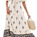 BTFBM Boho Dresses for Women 2026 Summer Spring Casual Floral Short Sleeve V Neck Flowy A-Line Maxi Party Dress Pockets(Floral Apricot Black, Small)