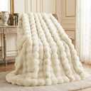 L'AGRATY Faux Rabbit Fur Blanket: 90" x 90" Queen Luxury Soft Fluffy Thick Fur Throw Blanket for Couch Bed Sofa - Cozy Plush Bubble Blankets for Winter: Flannel Fleece Decorative Blanket(Almond White)