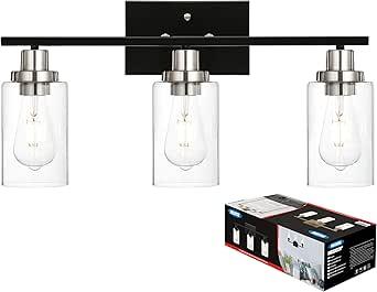 MELUCEE Modern Bathroom Lighting with Clear Glass Shade, 3-Light Black Vanity Light Wall Mount Lamp for Bedroom Vanity Table Bathroom Dressing Table, Brushed Nickel Socket (Patent No.: US D963914 S)