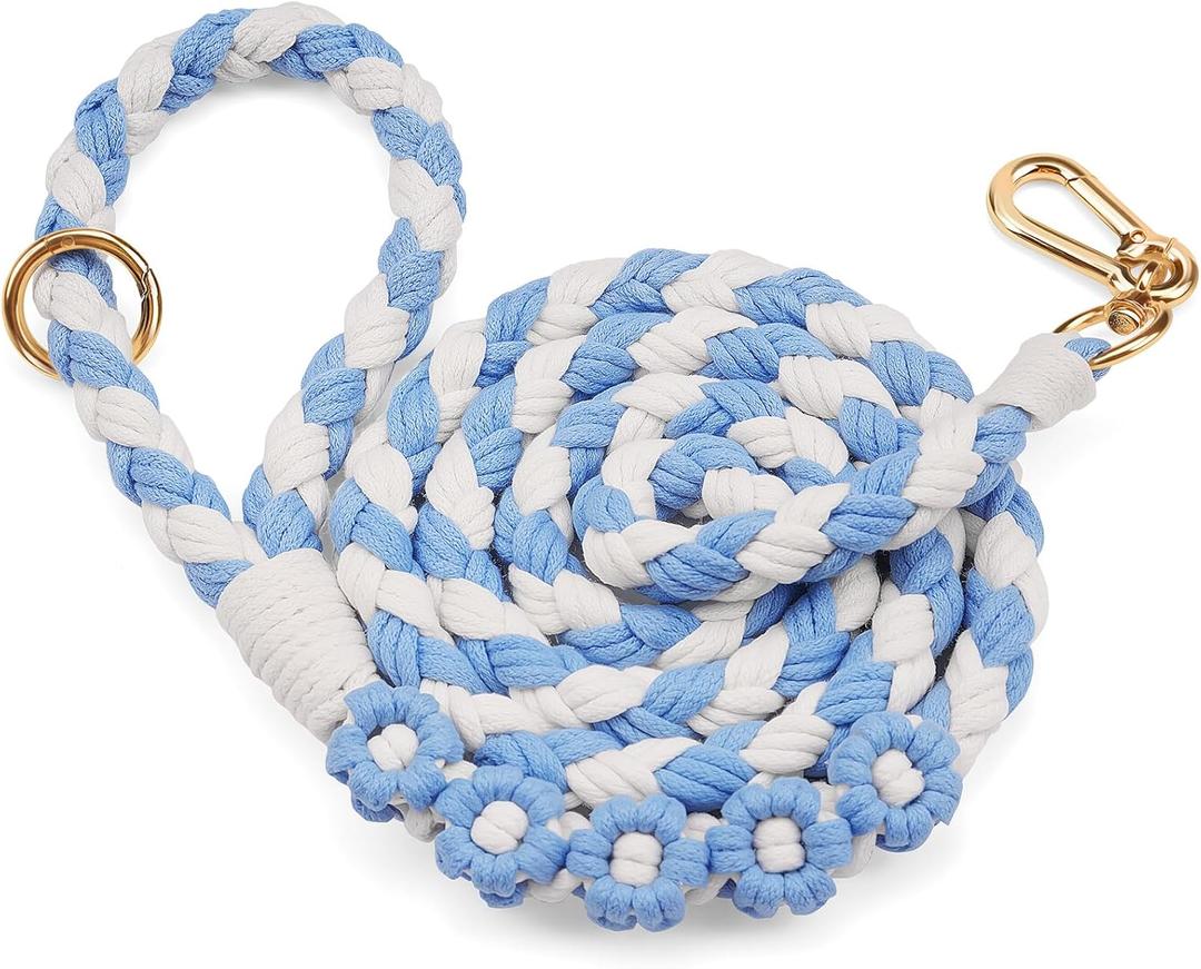 Handmade 5ft Braided Cotton Dog Leash with Unique Floral Handle, Durable and Stylish, Ideal for Small to Large Dogs, Blue & White Color