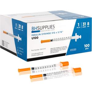 BH Supplies Insulin Syringes U-100 31G 1ml/cc 5/16" (8mm) Pack of 100 Pcs