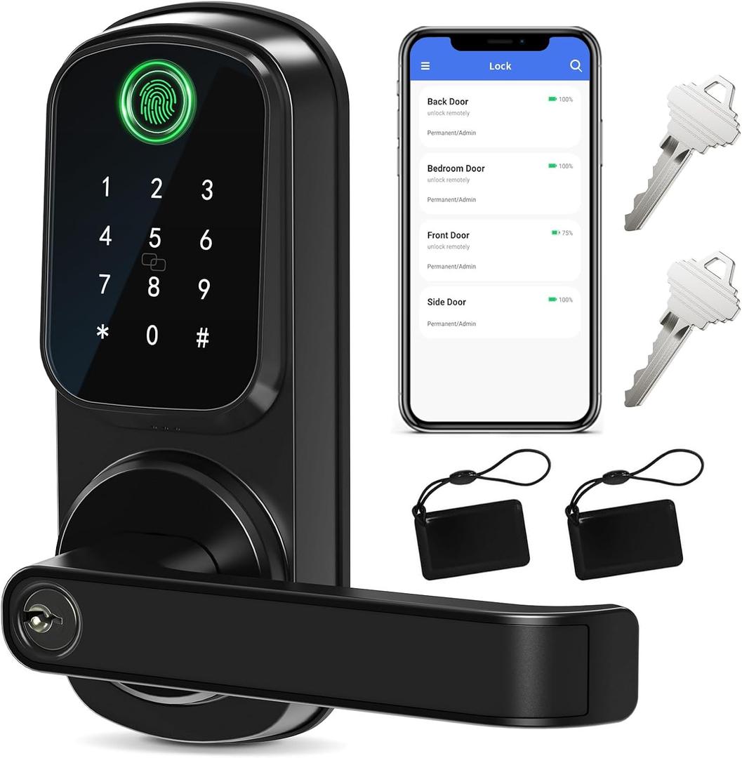 IRONZON Keyless Entry Door Lock with Handle - Smart Door Lock for Front Door 5-in-1 Keypad Door Lock with Handle with Fingerprint, Password, Key, APP Unlocking