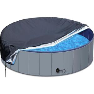 SAFANA 63/64 inch Round Dog Pool Cover [Upgrade 420D Thickened Durable] 64" Portable Dog Pet Bath Pool Cover, Foldable Round Doggy Inflatable Swimming Pool Cover, Drawstring Design Windproof Dustproof