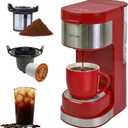 Kenmore Single Serve Coffee Maker – Compatible with Keurig K‑Cup Pods & Ground Coffee, One Cup Brewer, 6–12 Oz Brew Sizes, Travel Mug Friendly, Auto Shut‑Off, Hot & Iced Maquina de cafe, Red
