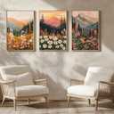 3 Pcs Boho Daisy Mountain Canvas Wall Art Abstract Flower Wildflower Sunset Paintings Pictures Wall Decor Colorful Floral Botanical Landscape Poster Print Artwork for Living Room Bedroom Unframed
