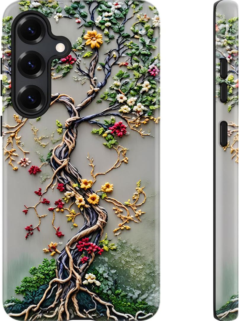 Esdot for Samsung Galaxy S25 Case - Wireless Charging Compatible  Dual-Layer Soft Silicone + Hard Shell - Wildflower Design - Protective Phone Cover for Women Girls - Tree of Life