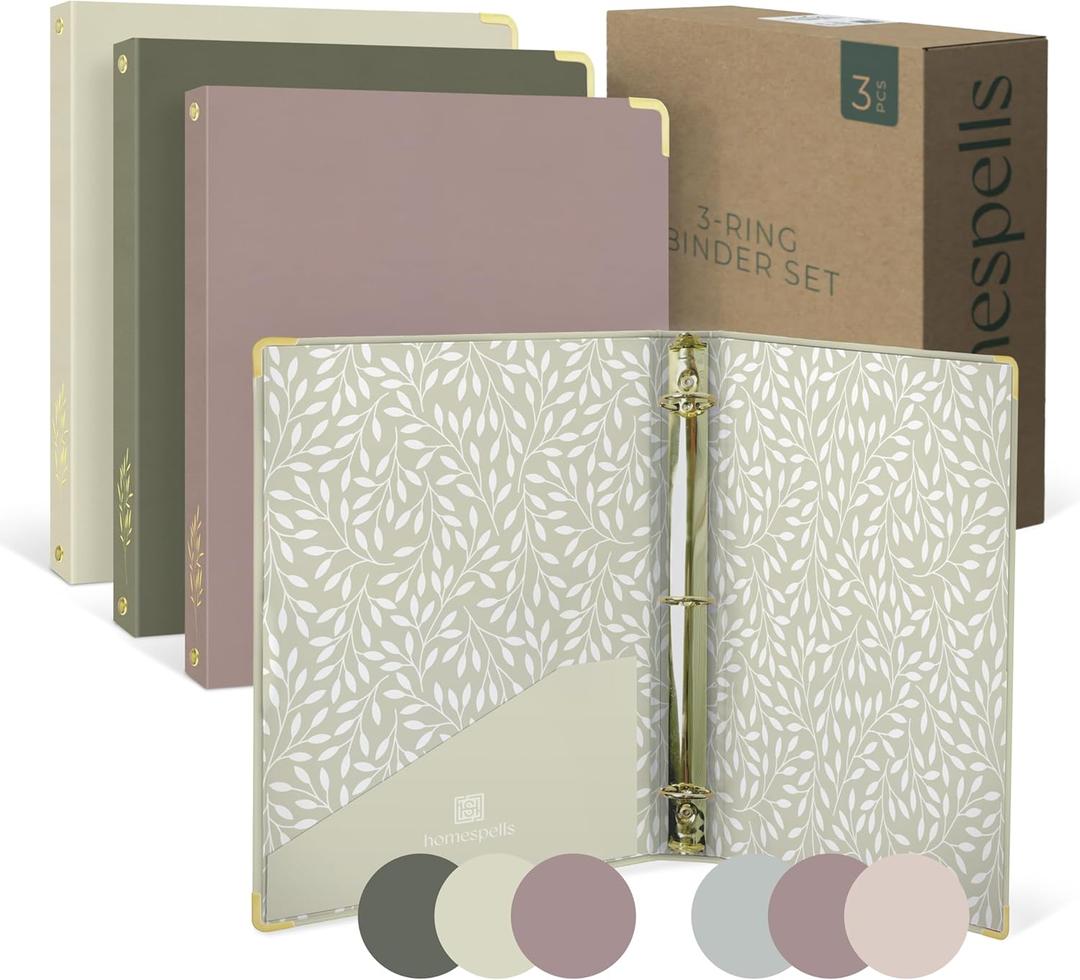 3 Ring Binder 1-Inch Rings  3-Pack of Cute Binders with Pockets, Gold-Foil & Metal Corners  1 Inch Binders 3 Ring Cute for School, Office & Work  1" Pastel Three-Ring Binder One Inch (Rose, Olive, Warm Sage)