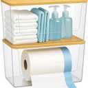 CiWiVOKi 2 Pack Trash Bag Holder with Bamboo Lid - Stackable Under Sink Organizer & Garbage Bag Dispenser for Kitchen Organization - Large Plastic Holder for Laundry Room, Pantry, Bathroom, Cabinets