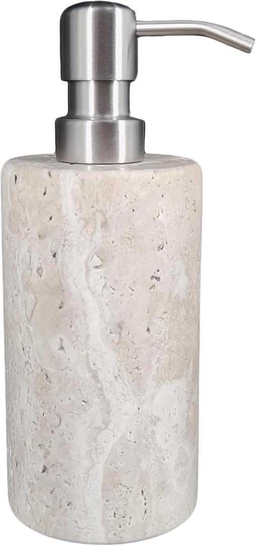 Natural Travertine Marble Soap Dispenser with Stainless Steel Pump, Marble Lotion Liquid Soap Bottles for Kitchen Bathroom Beige