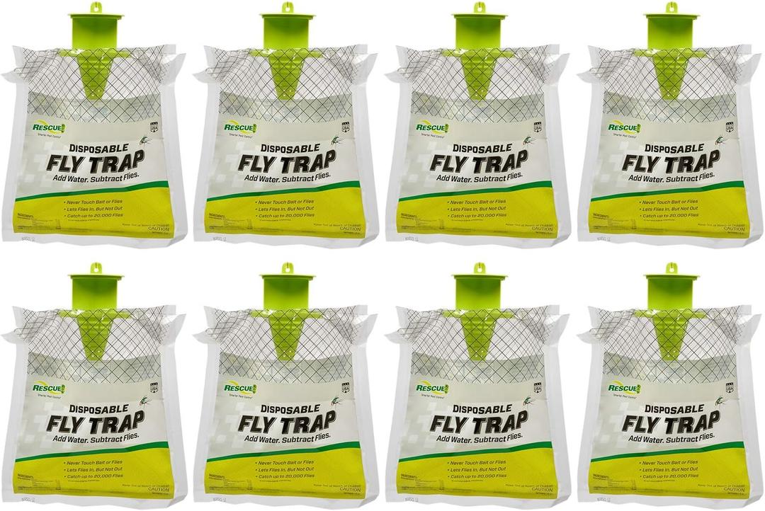 RESCUE! Outdoor Disposable Fly Trap Hanging Fly Catcher with Attractant Bait, Fly Bag for Patio, Yard, Trash & Farm Areas Easy-to-Use Outdoor Fly Control - 8 Traps