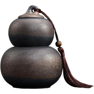 Ceramic Airtight Canister,22 Oz /660ml,Gourd Shap 2 Layers Tea Candy,Food Storage Jar for Coffee,Beans,Herb,Spices,Nuts (Stone Golden)