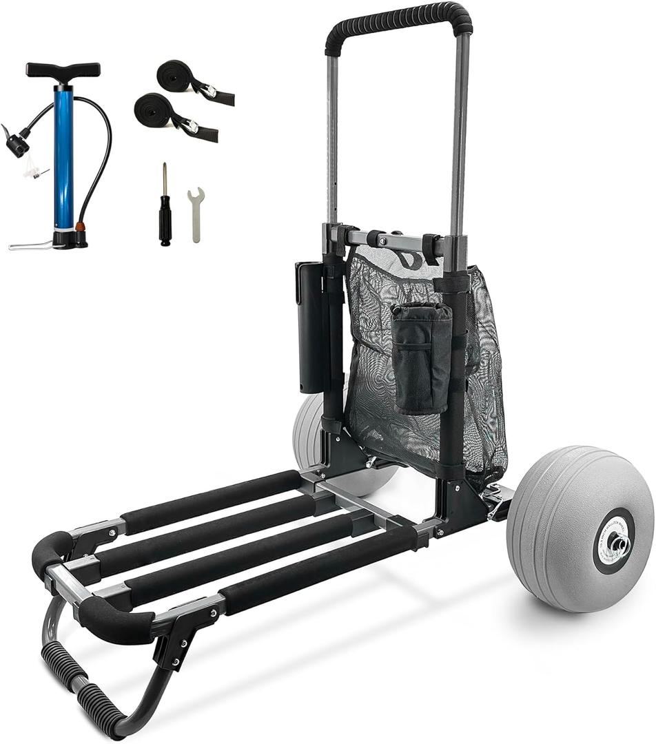 Beach Dolly Cart, Foldable Beach Trolley with 11 Inch Balloon Wheels for Sand (Gray)