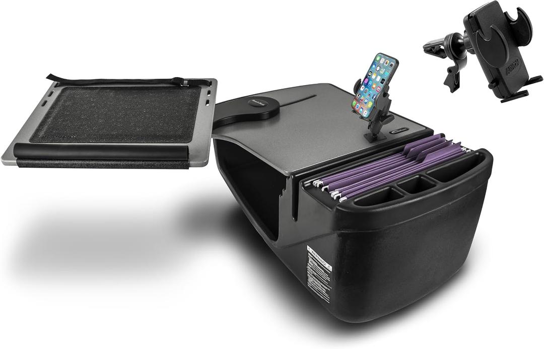 AutoExec Reach Desk Front Seat Car Desk and Portable Workstation with Phone Mount and Phone Vent Clip, Grey