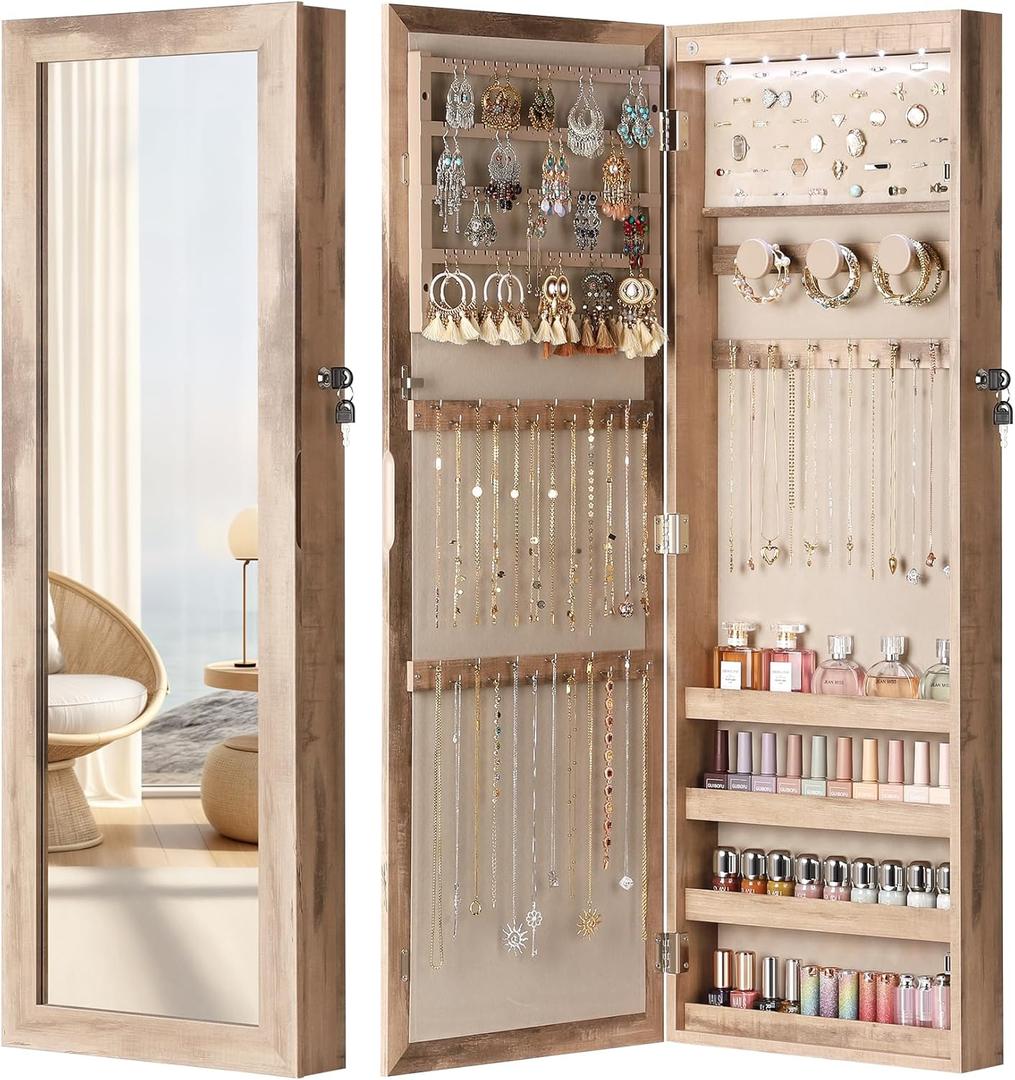 Nicetree 6 LEDs Mirror Jewelry Cabinet, Large Capacity Lockable Jewelry Armoire Organizer, Door or Wall Mounted Mirror with Jewelry Storage,Toasted Oak