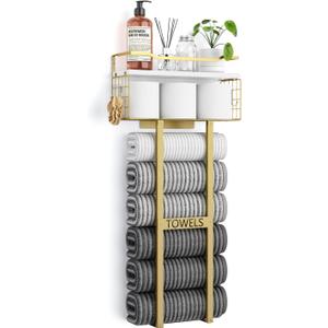 Aetyord Towel Racks for Bathroom - Wall Mounted Metal Rack with Wood Plank, Bathroom Storage Organizer, Towel Holder Stores 6 Large Rolled Towels Easily, Gold and Size XL 31"