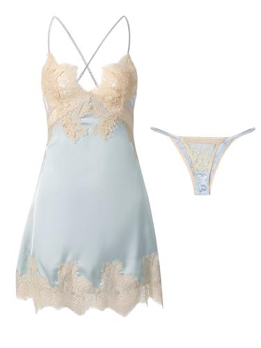Lilosy Plus Size Curvy Sexy Silk Lace Up Backless Satin Applique Floral Lace Babydoll Lingerie Dress with Tong 2 Piece Women Panty Chemise Negligee Blue X-Large