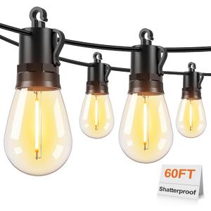 Brightever LED Outdoor String Lights, 60FT Patio Lights with 17 Shatterproof S14 Vintage Edison Bulbs(1 Spare), Outside Hanging Lights Waterproof for Porch, Garden, Deck, Backyard, 2700K Dimmable