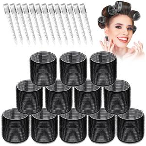 Large Hair Rollers Set - 24 Pieces with 12 Jumbo Rollers and 12 Clips for Long Thick Hair Volume (Black)