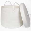 White Basket with Lid, 16"x16"x13" Large Blanket Storage for Living Room, Cute Cotton Rope Kids Toy Box, Bathroom Towel Storage, Woven Laundry Basket with Cover, Wicker Bin for Organizing