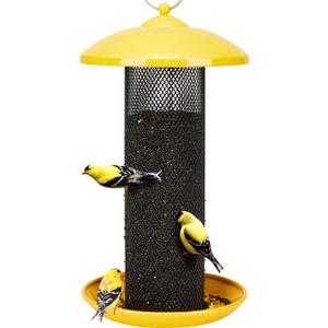 Kingsyard Finch Bird Feeder for Outdoors Hanging, Metal Mesh Tube Bird Feeders for Thistle & Nyjer Seed, Large Removable Tray & Rainproof Dome, 2.5 lbs Seed Capacity, Yellow