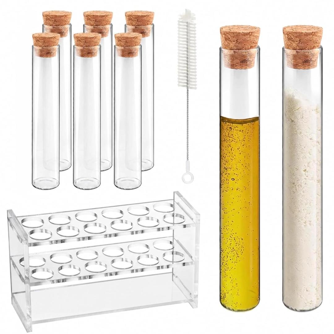 6pcs 30ml Glass Test Tube with Cork Stopper, 20x150mm Flat Bottom Storage Tube with Cap, 6 Holes Acrylic Rack, Plant Propagation Vase Set for Scientific Experiments Lab Candy Liquid Party Decor