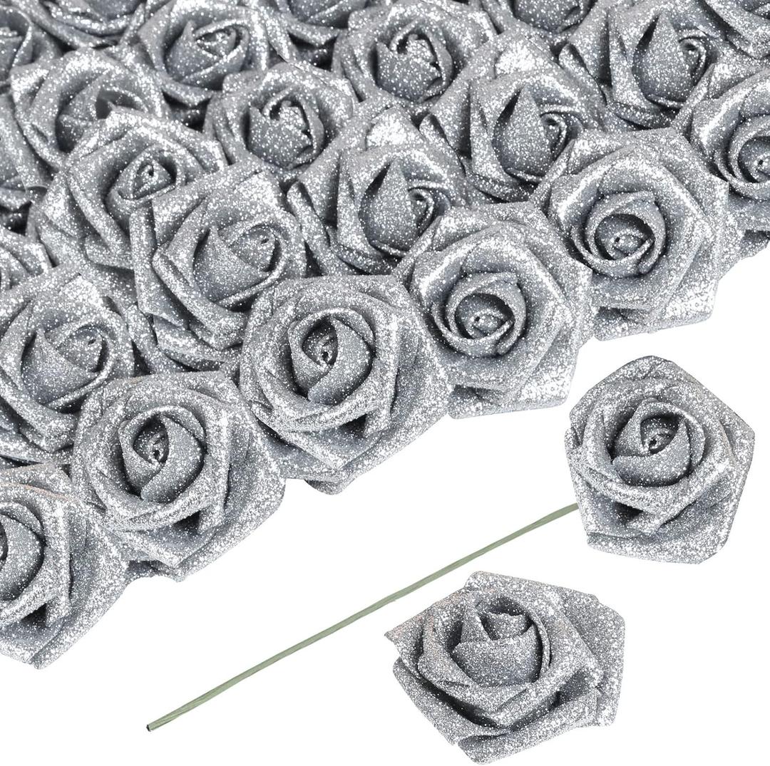 Artificial Flowers 30 PCS Silver Glitter Foam Artificial Flowers with Stem, Glitter Roses Shiny Flowers for DIY Wedding Bouquets Party Home Decor(Silver)