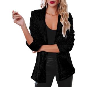 Shiny Metallic Jacket Women Black Open Front Long Sleeve Sequin Sparkle Bomber Jacket Sweatshirt Black M (Black)