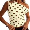 Women Y2k Vintage Polka Dot Asymmetrical Off Shoulder Ruched Crop Tank Tops Slim Fitted Sleeveless Cute Shirts (M)