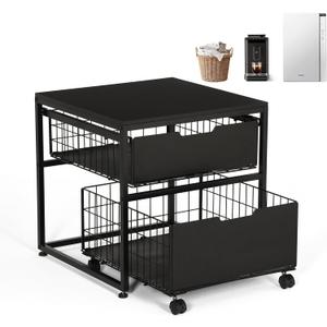 KELIXU Mini Fridge Stand with Storage Drawer, Small Refrigerator Cart with Wheels, Heavy Duty Microwave Stand, 21.7" L x 21.7" W Mini Fridge Cabinet for Dorm, Home, Office, Hold 300 LBS, Black