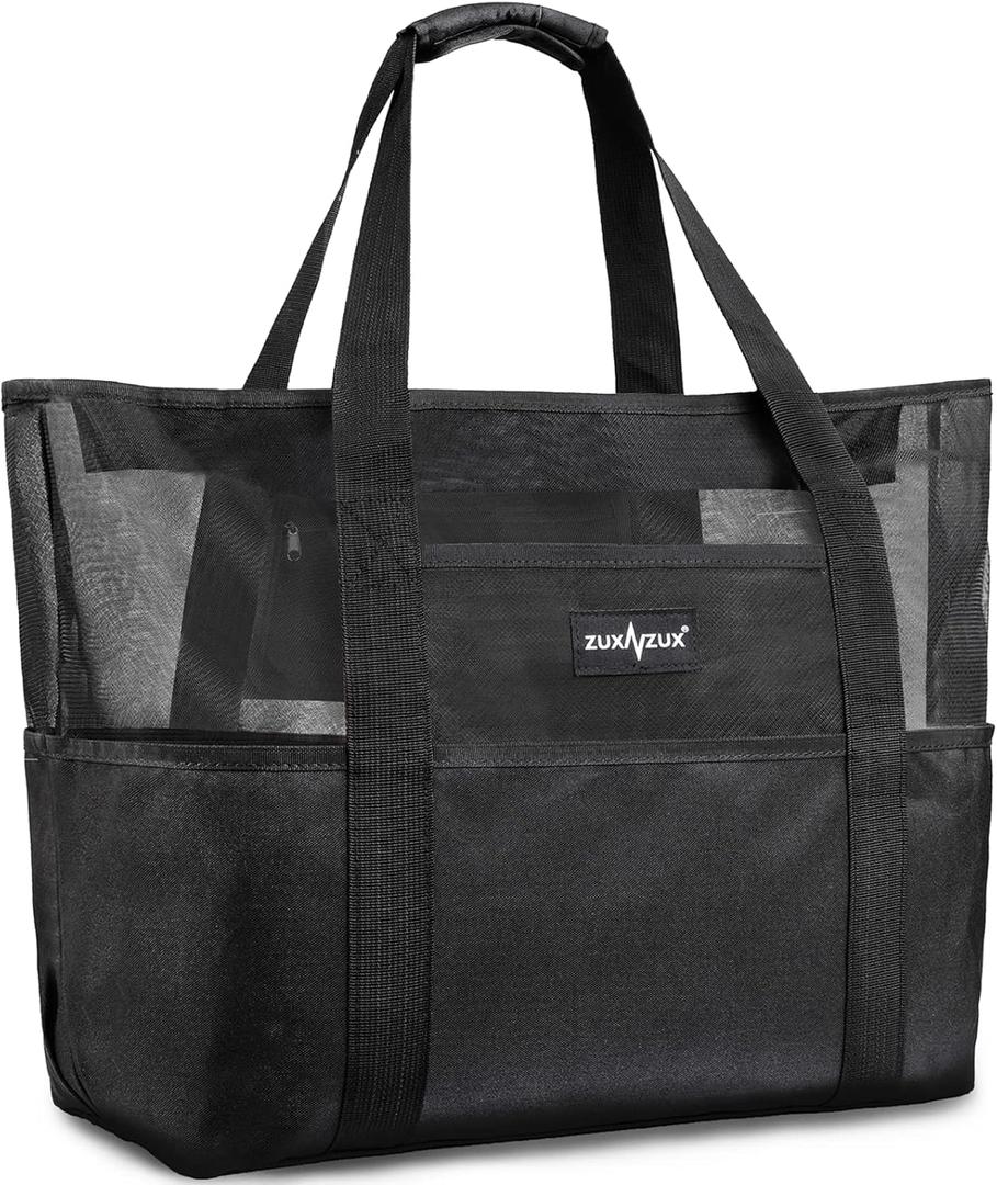 ZUXNZUX Mesh Beach Bag - Large Waterproof Beach Tote Bag with Zipper, Oversized Foldable Lightweight Family Swim Bag Vacation (Black)