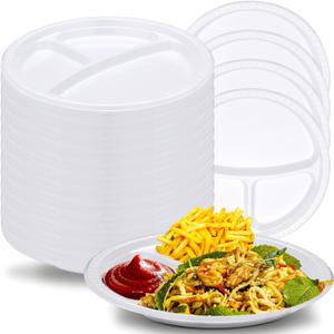 Umigy 100 Pcs 10 Inch 3 Compartments Divided Plastic Plates Bulk Colorful Disposable Heavy Duty Round Dinnerware for Valentine's Day Wedding Birthday Party(White)