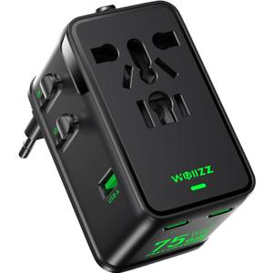 75W Universal Travel Adapter, GaN Fast Charging International Power Adapter Worldwide Charger with 5 Ports 1 AC, 1 USB-A, and 3 USB-C Ports Plug Adapter for USA European UK AUS Japan