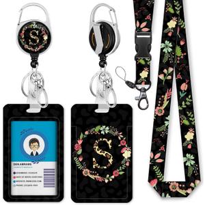 Personalized ID Badge Holder with Lanyard, Flower Retractable Badge Reel with Carabiner Clip, Breakaway Lanyard for Keys, Initial Black Work ID Name Card Holder for Teacher Women Gifts (Letter S) (Floral Print-s)