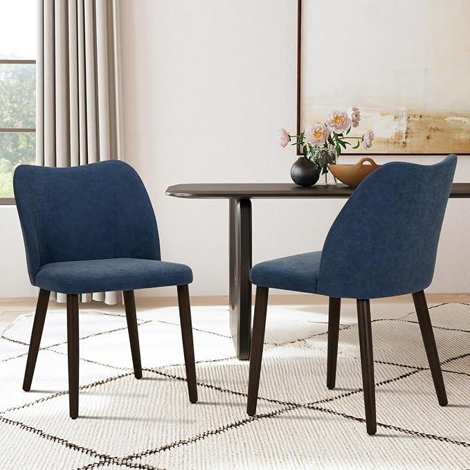 COLAMY Upholstered Dining Chairs Set of 2, Modern PU Leather Dining Room Kitchen Side Chair with Padded Seat and Wood Legs Restaurant/Cafe, Blue