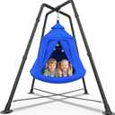 Tent Swing Set for Kids, Hammock Chair with X-Shaped Stand, 330 lbs | 32mm Steel Frame, 900D Oxford Fabric, with LED Lights, Indoor Outdoor Use, Blue
