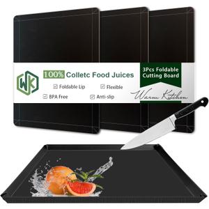 WK Flexible Plastic Cutting Boards Mats with Lip, Foldable Cutting Board for Kitchen Set of 3, Black Cutting Boards for Meat, Nonslip Cutting Mats Sheets, BPA Free, Dishwasher Safe