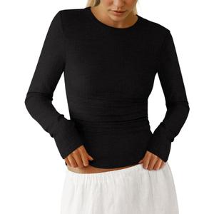 PRETTYGARDEN Womens Long Sleeve Shirts 2026 Ribbed Knit Slim Fitted Basic Tee Casual Going Out Tops Underscrubs Fall Clothing (Black, S)